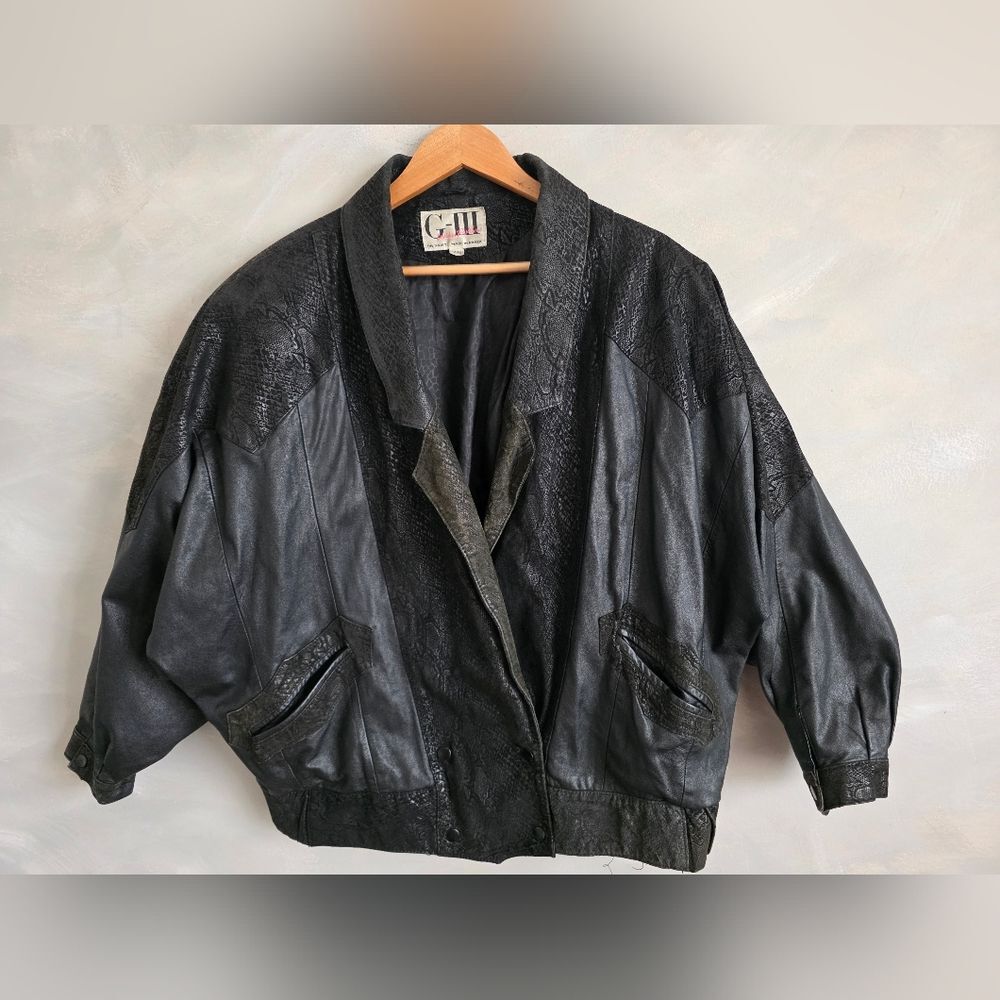 Vtg Black Leather Snakeprint Accent Biker Moto Bomber Crop Jacket Sz 14/16